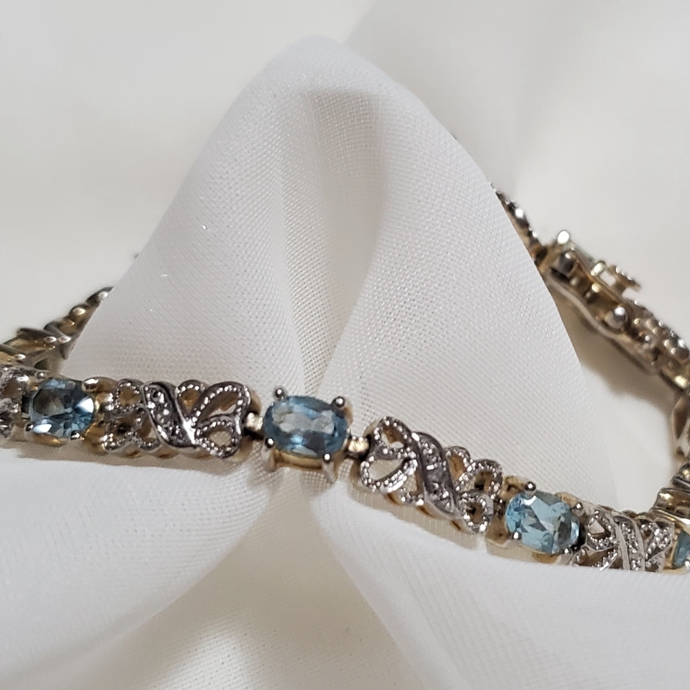 VTG Han 925 Thai Silver Sky Blue Topaz Gems 7.5" Bracelet